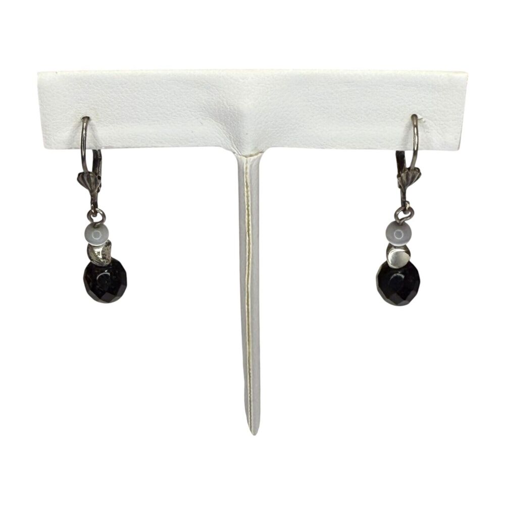 Vintage Silver-Tone Faceted Black Beaded Dangle Earring Leverback Womens Jewelry - Picture 1 of 6
